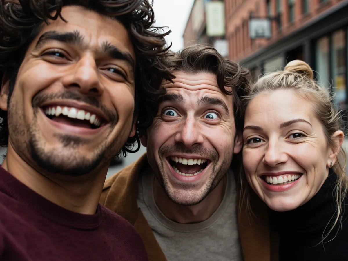 Computer-generated image: three friends laughing together in a group photo on a quest day out