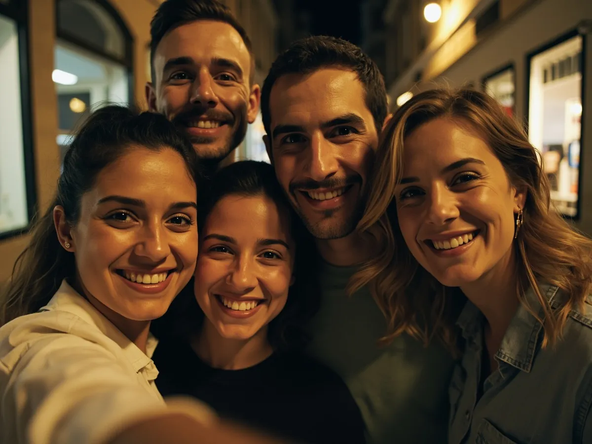 Computer-generated image: four friends laughing together in a group photo on a quest day out