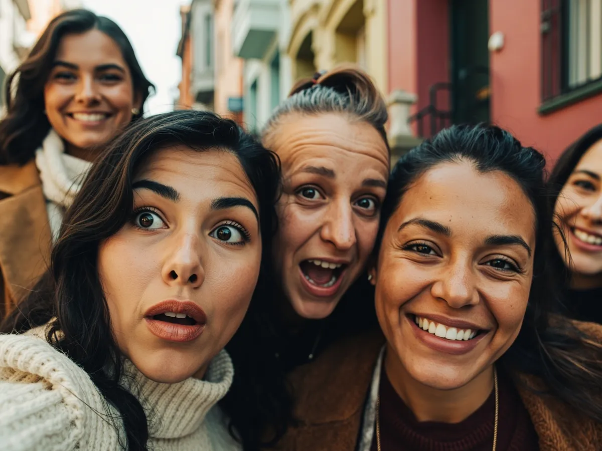 Computer-generated image: four friends laughing together in a group photo on a quest day out
