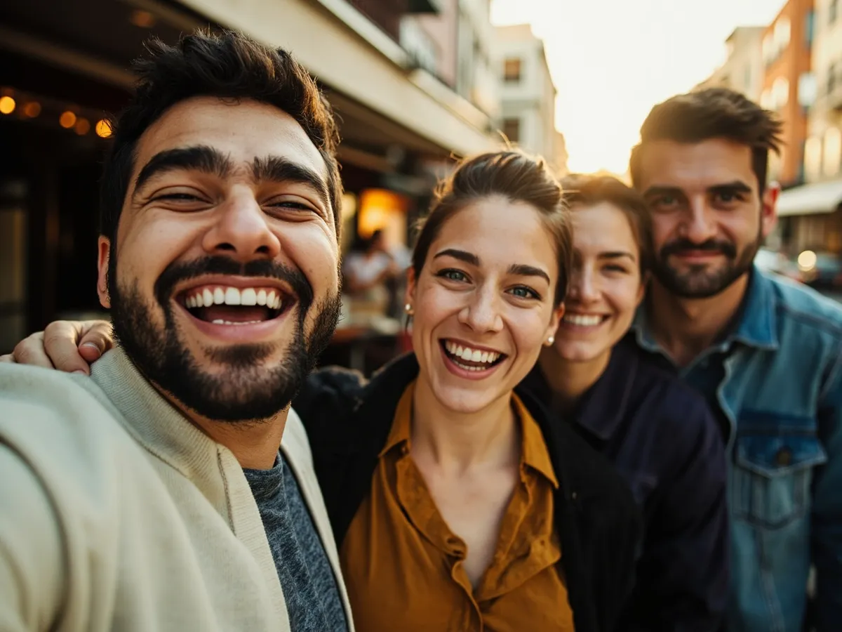 Computer-generated image: four friends laughing together in a group photo on a quest day out