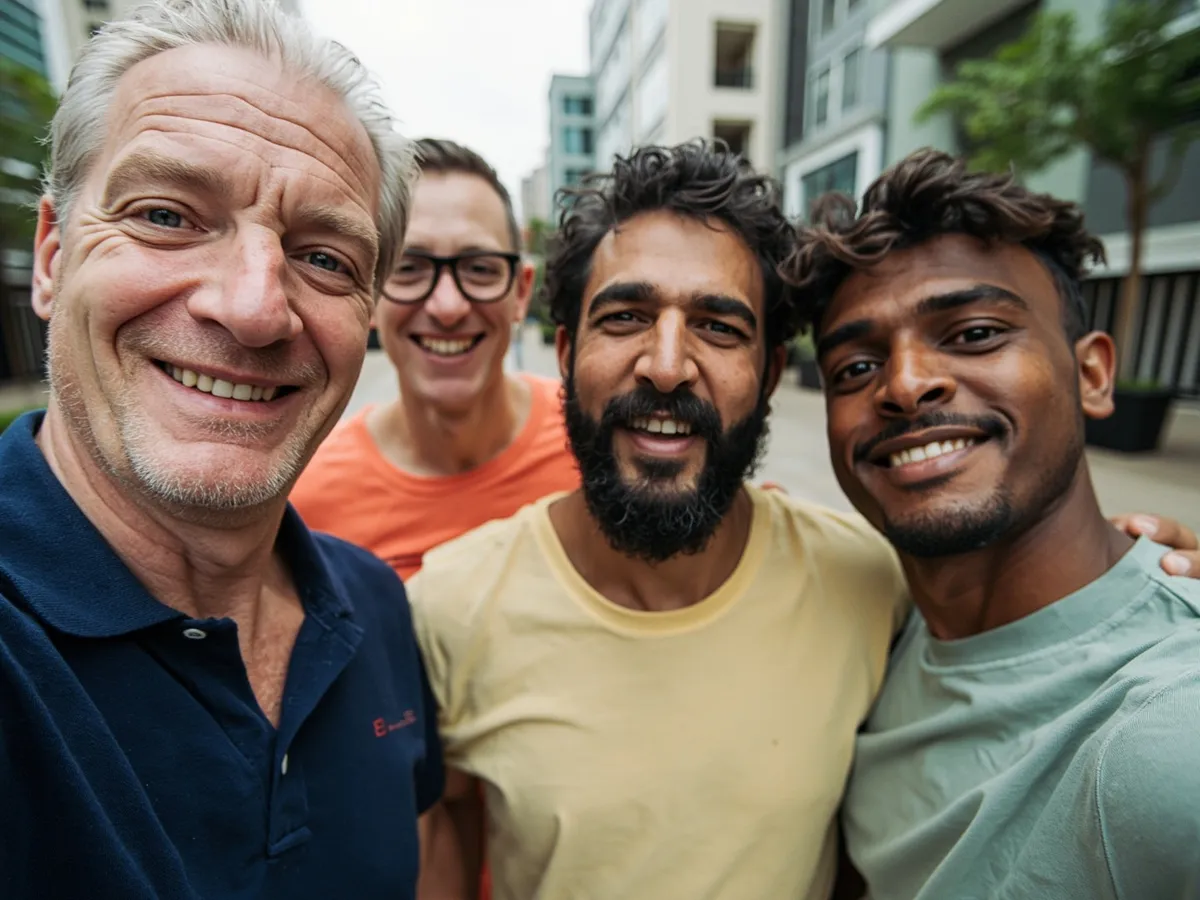 Computer-generated image: four friends laughing together in a group photo on a quest day out