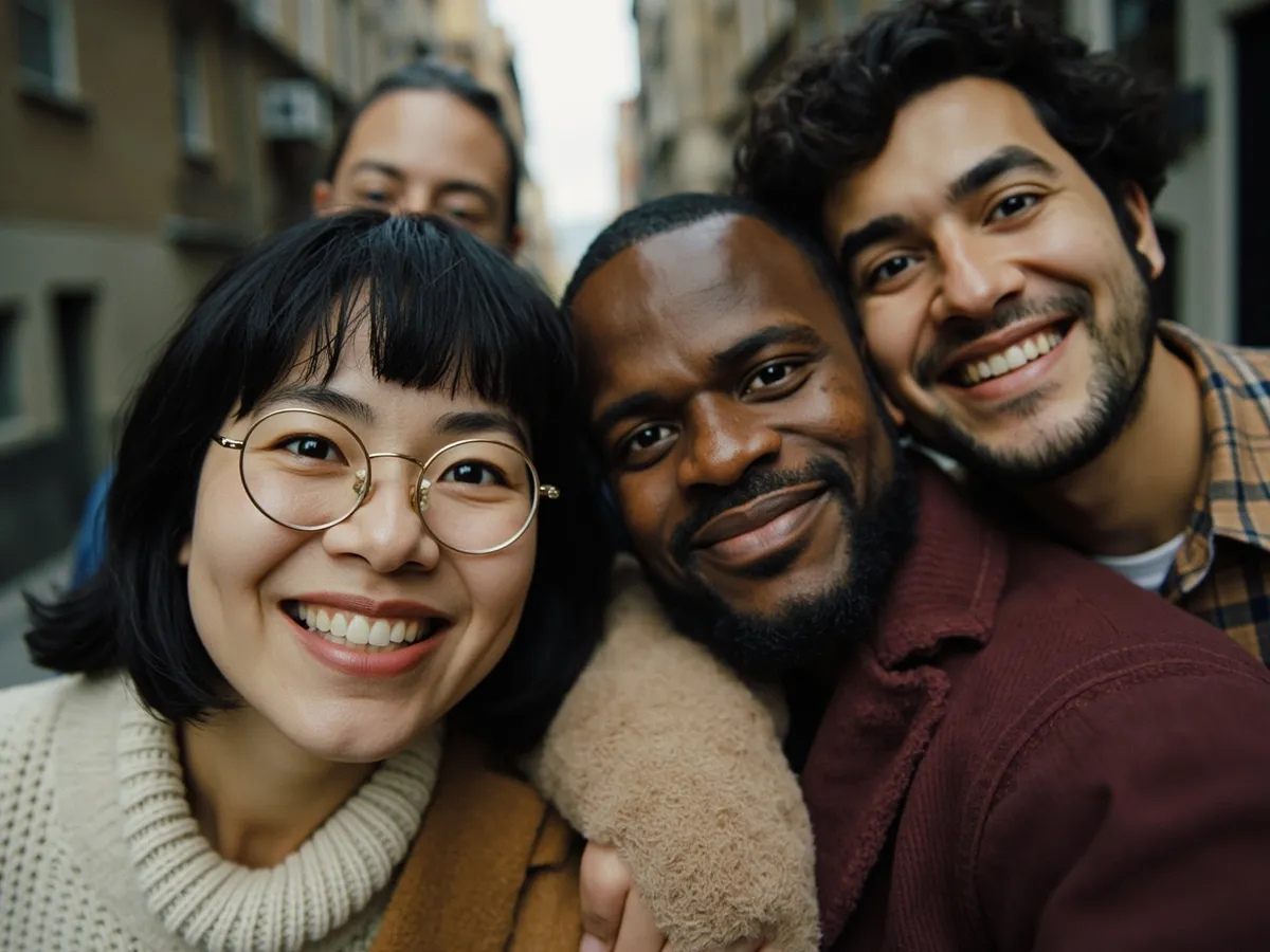 Computer-generated image: four friends laughing together in a group photo on a quest day out