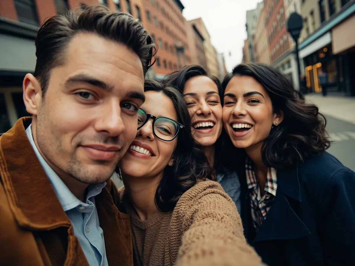 Computer-generated image: four friends laughing together in a group photo on a quest day out