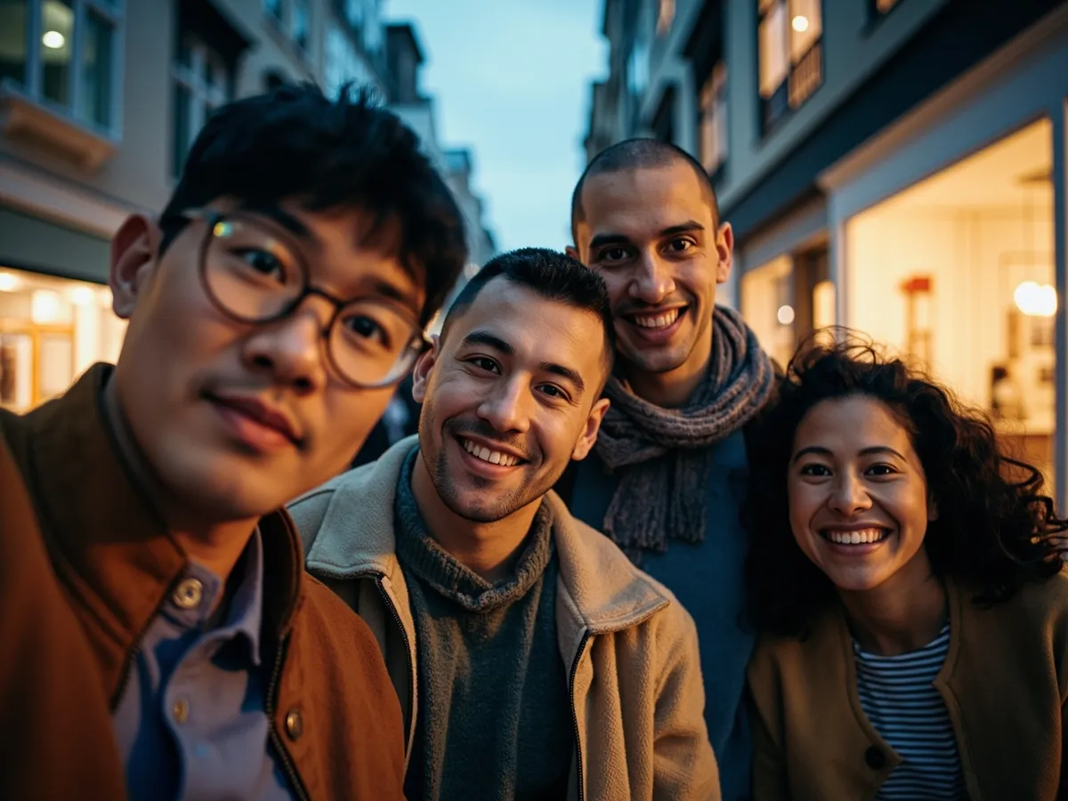 Computer-generated image: four friends laughing together in a group photo on a quest day out