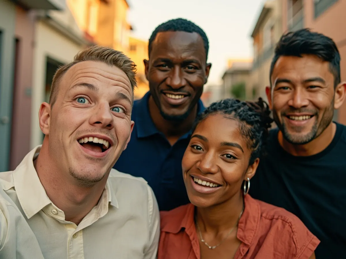 Computer-generated image: four friends laughing together in a group photo on a quest day out