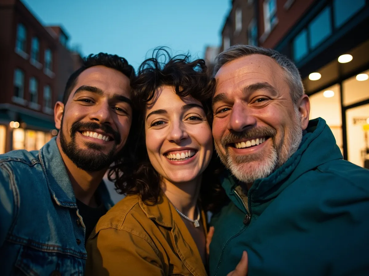 Computer-generated image: three friends laughing together in a group photo on a quest day out