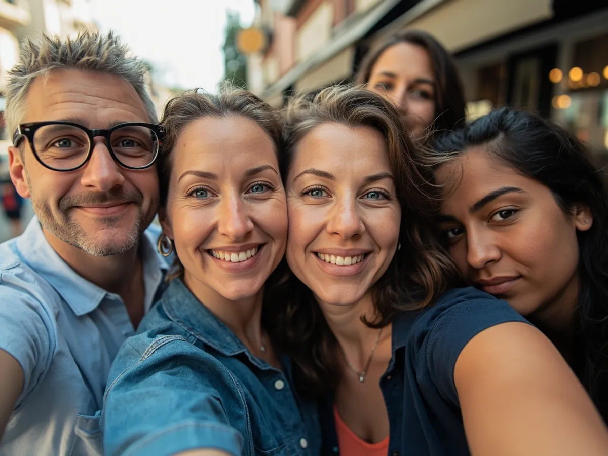 Computer-generated image: four friends laughing together in a group photo on a quest day out