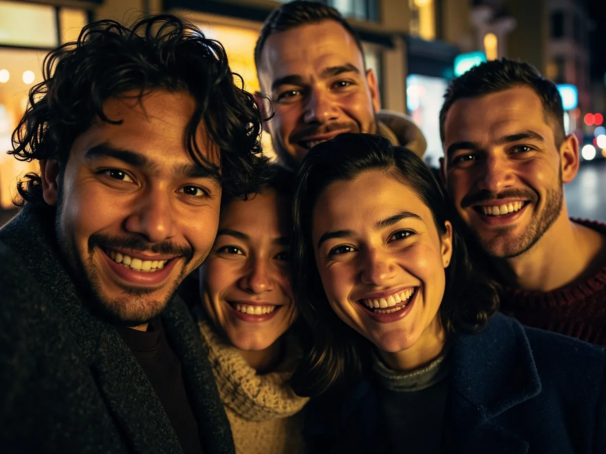 Computer-generated image: four friends laughing together in a group photo on a quest day out
