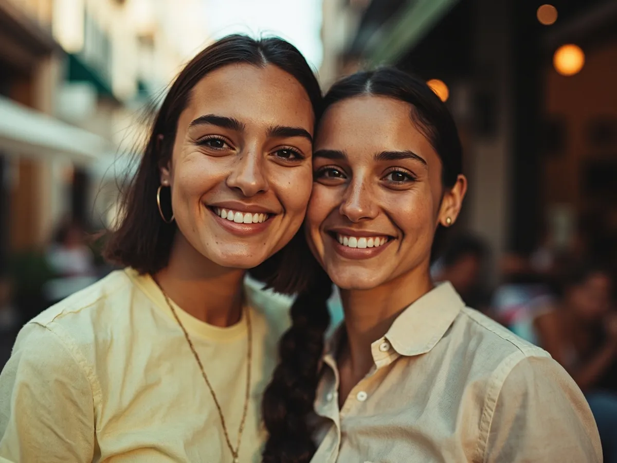 Computer-generated image: two friends laughing together in a group photo on a quest day out
