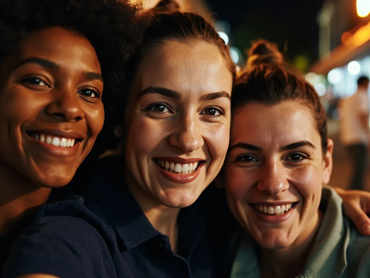 Computer-generated image: three friends laughing together in a group photo on a quest day out
