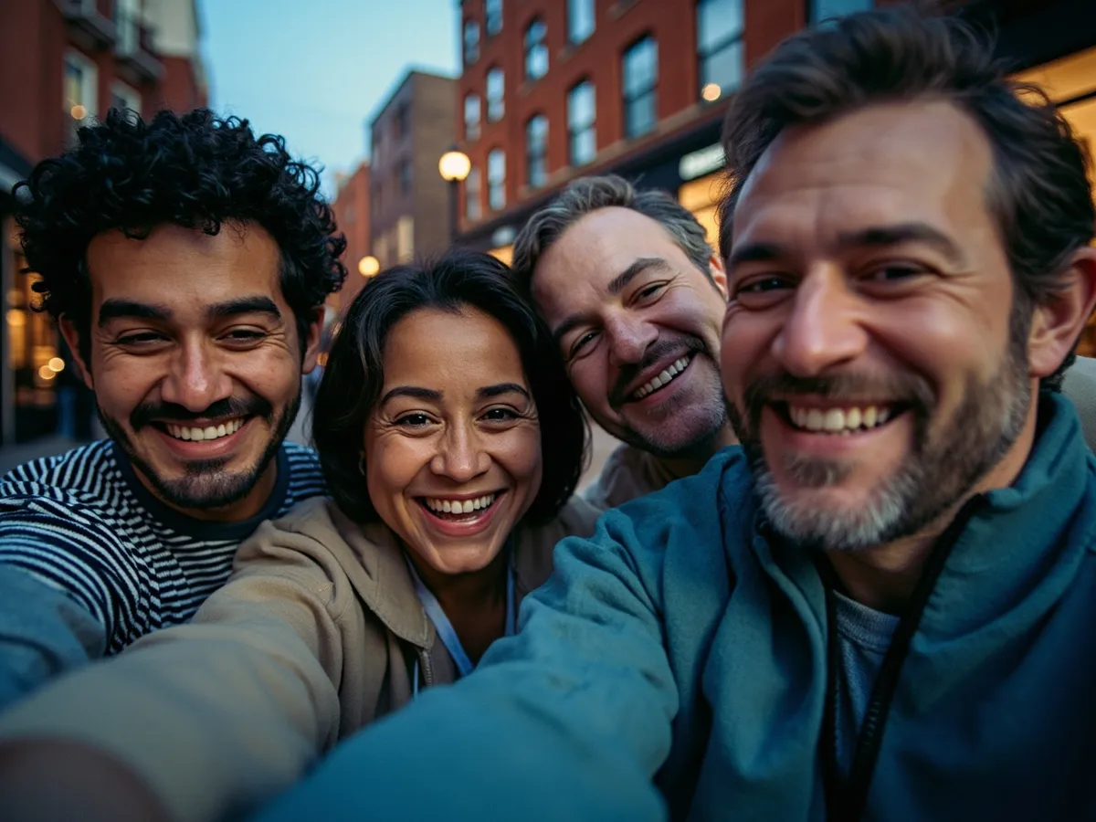 Computer-generated image: four friends laughing together in a group photo on a quest day out