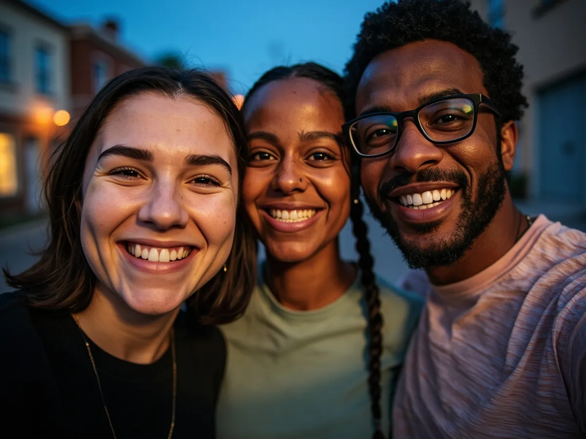 Computer-generated image: three friends laughing together in a group photo on a quest day out