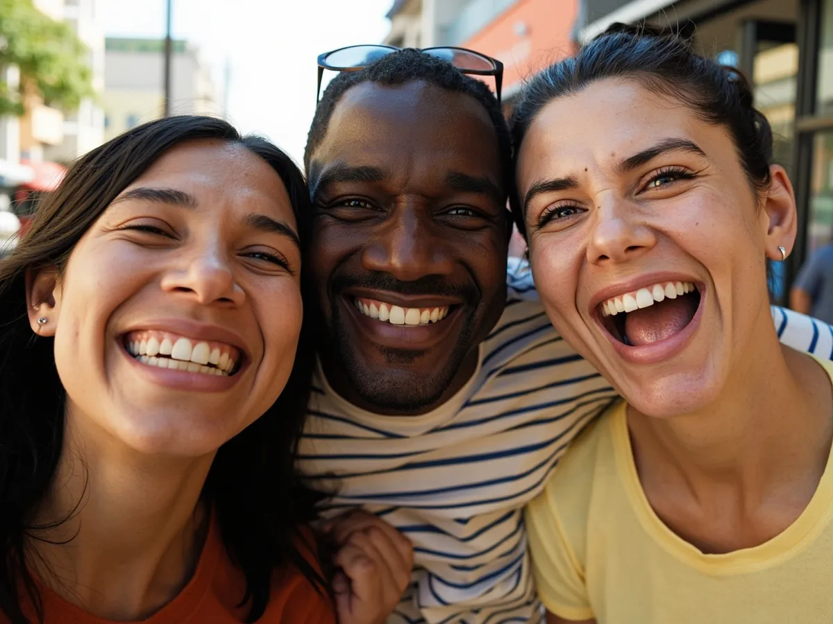 Computer-generated image: three friends laughing together in a group photo on a quest day out