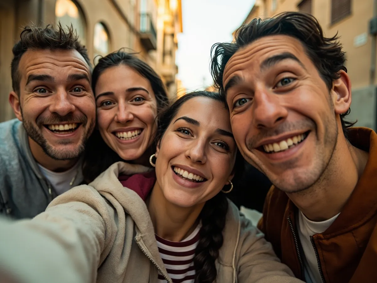 Computer-generated image: four friends laughing together in a group photo on a quest day out