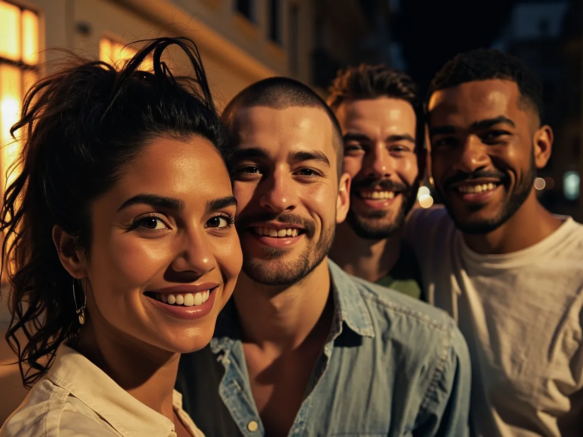 Computer-generated image: four friends laughing together in a group photo on a quest day out