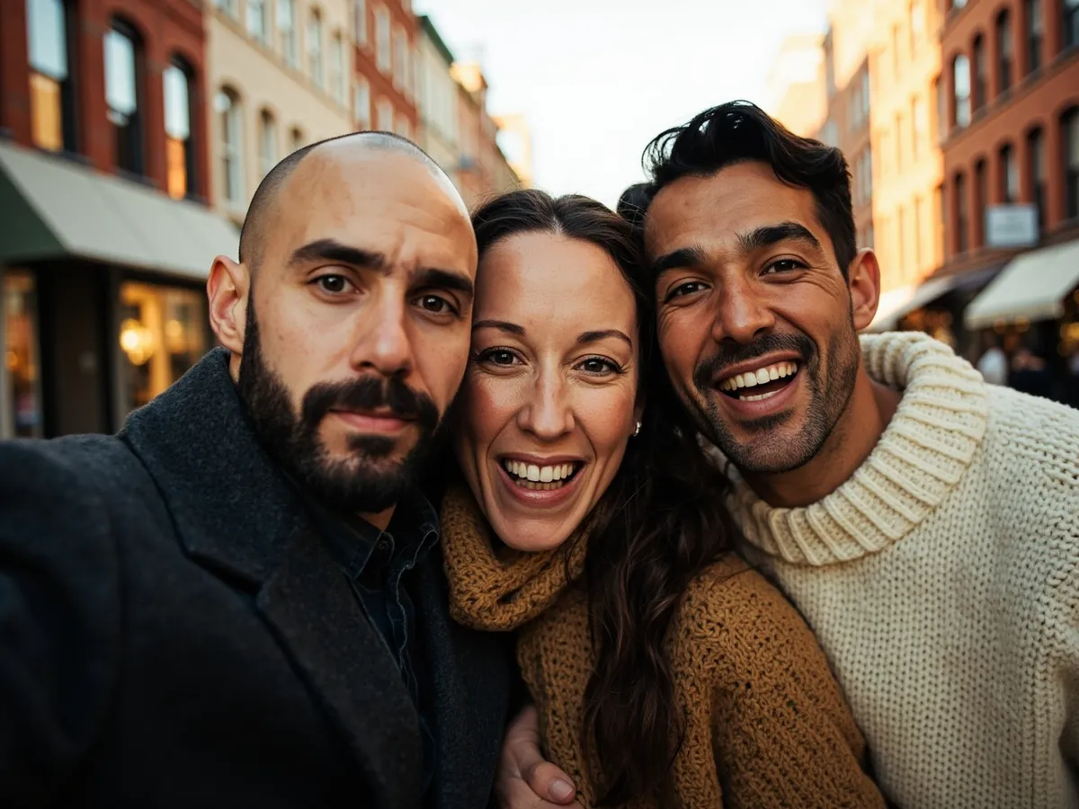 Computer-generated image: three friends laughing together in a group photo on a quest day out