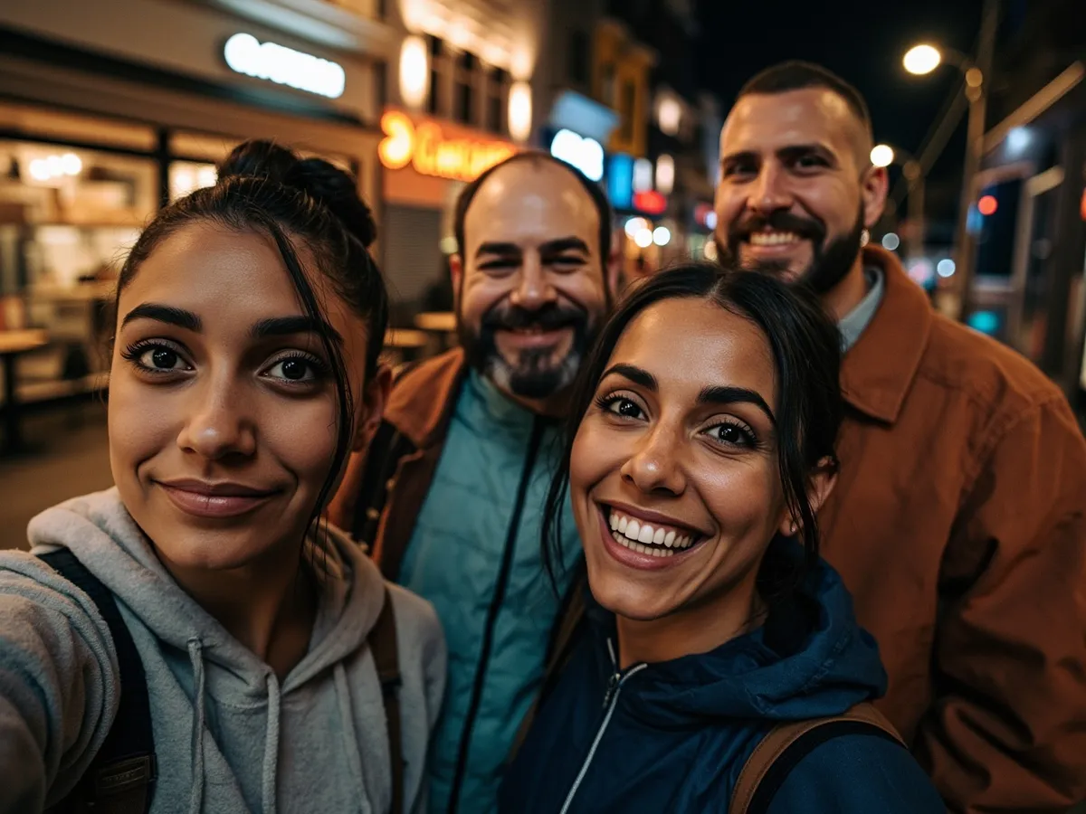 Computer-generated image: four friends laughing together in a group photo on a quest day out