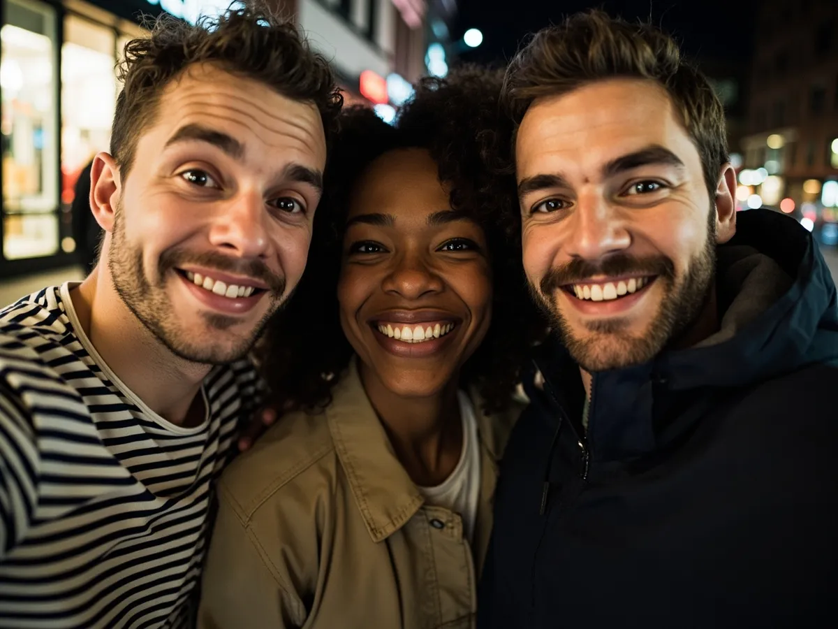 Computer-generated image: three friends laughing together in a group photo on a quest day out