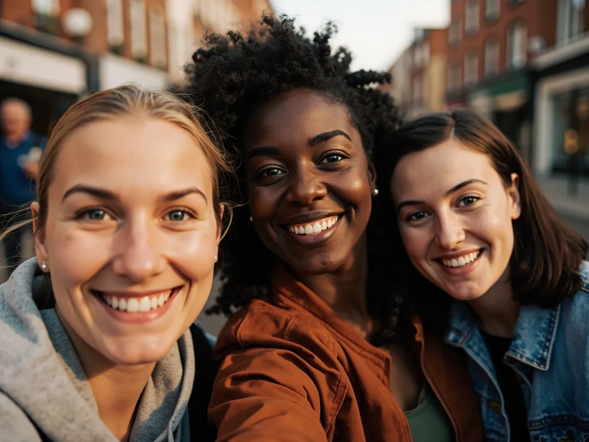 Computer-generated image: three friends laughing together in a group photo on a quest day out