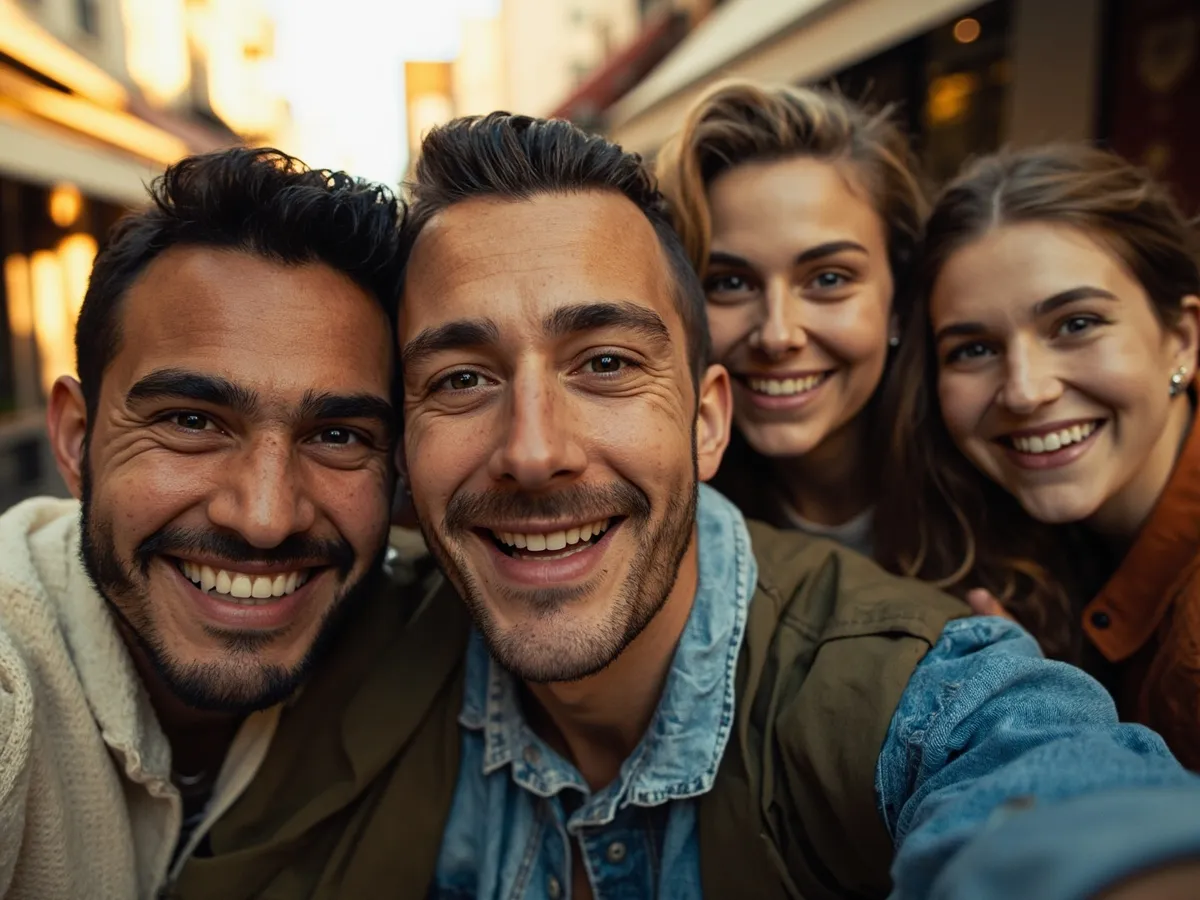 Computer-generated image: four friends laughing together in a group photo on a quest day out