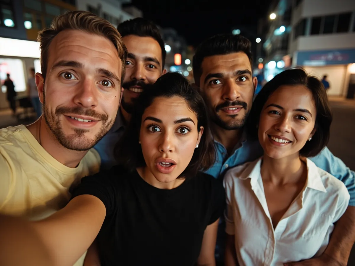 Computer-generated image: four friends laughing together in a group photo on a quest day out