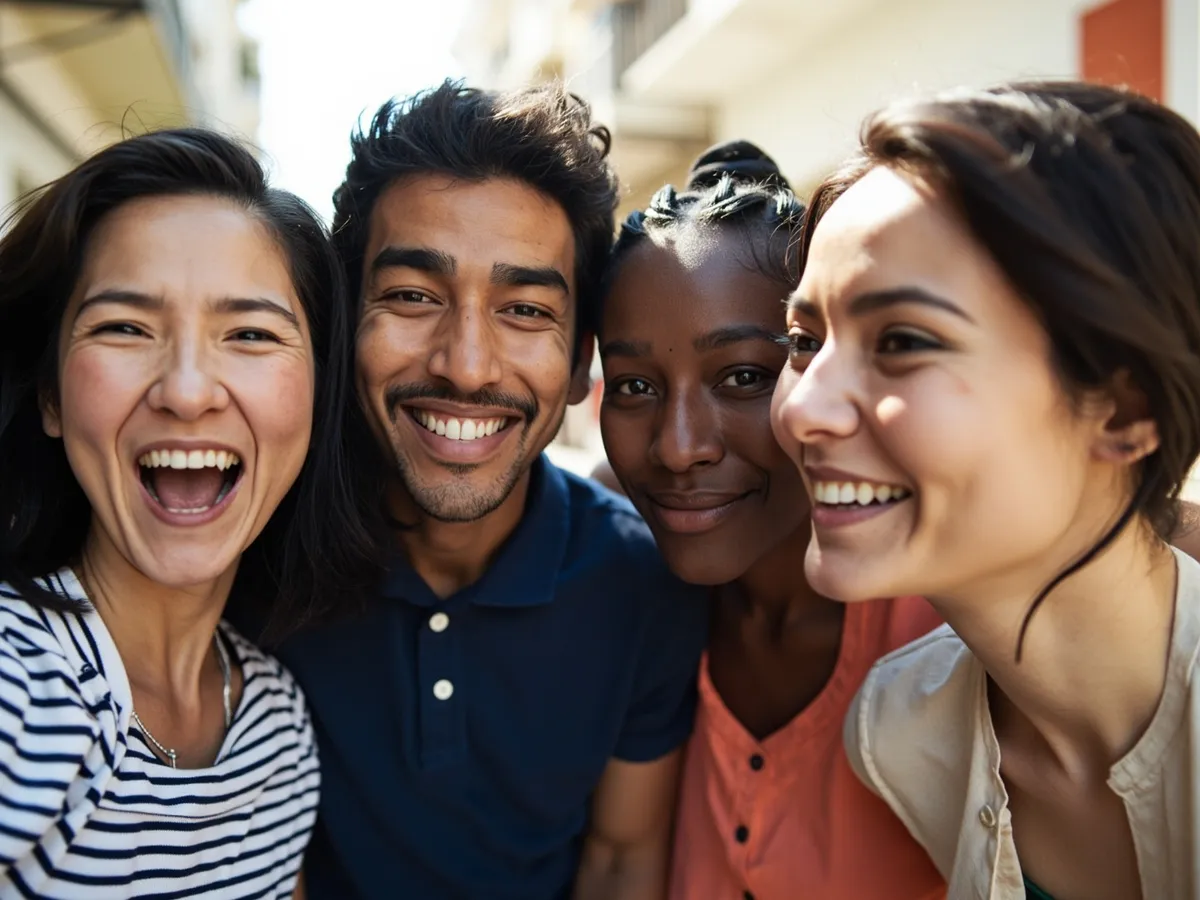 Computer-generated image: four friends laughing together in a group photo on a quest day out