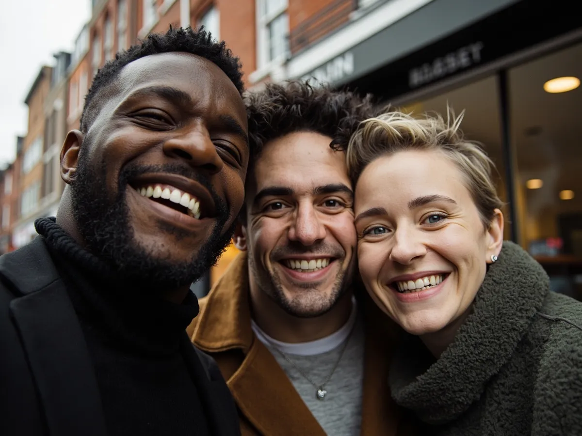 Computer-generated image: three friends laughing together in a group photo on a quest day out