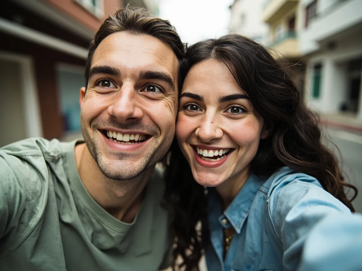 Computer-generated image: two friends laughing together in a group photo on a quest day out