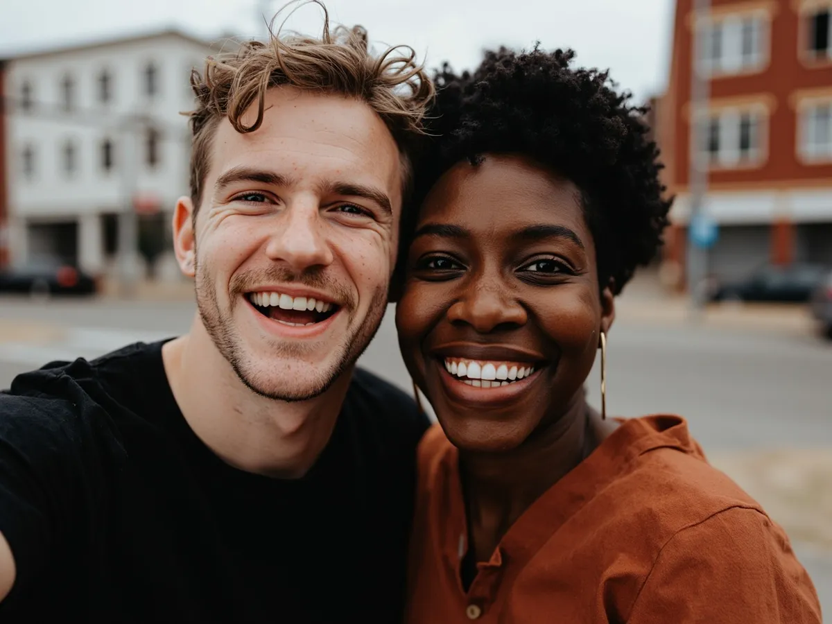 Computer-generated image: two friends laughing together in a group photo on a quest day out