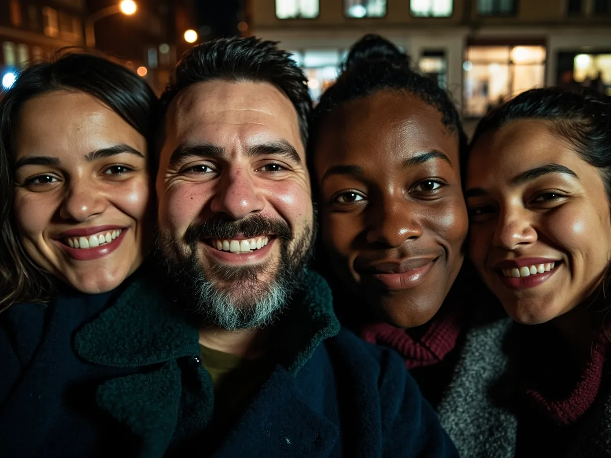 Computer-generated image: four friends laughing together in a group photo on a quest day out
