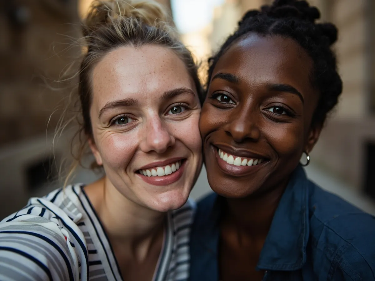 Computer-generated image: two friends laughing together in a group photo on a quest day out