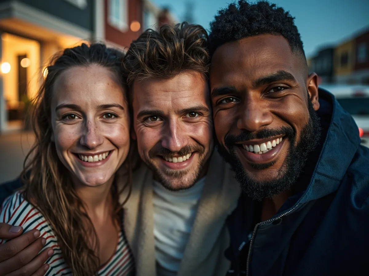 Computer-generated image: three friends laughing together in a group photo on a quest day out