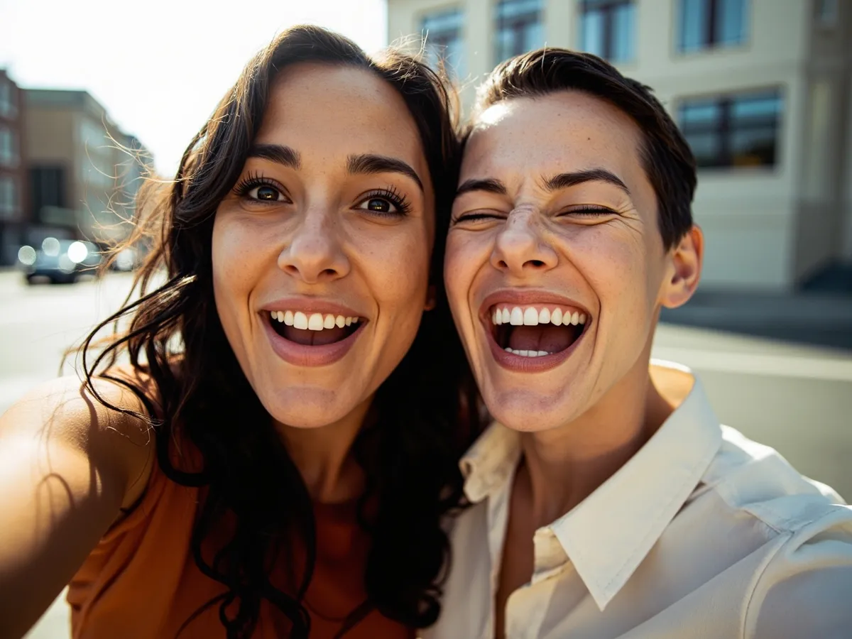 Computer-generated image: two friends laughing together in a group photo on a quest day out