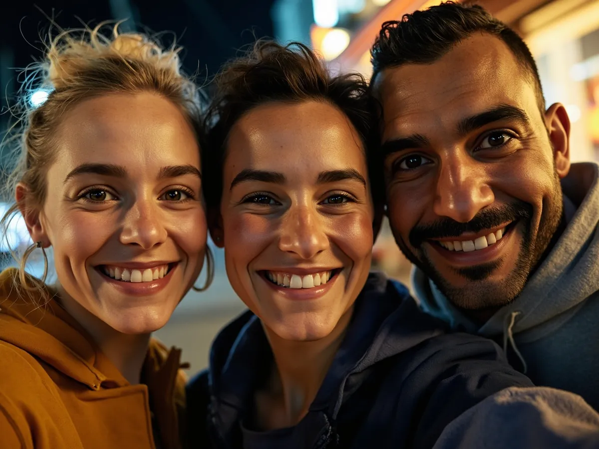 Computer-generated image: three friends laughing together in a group photo on a quest day out