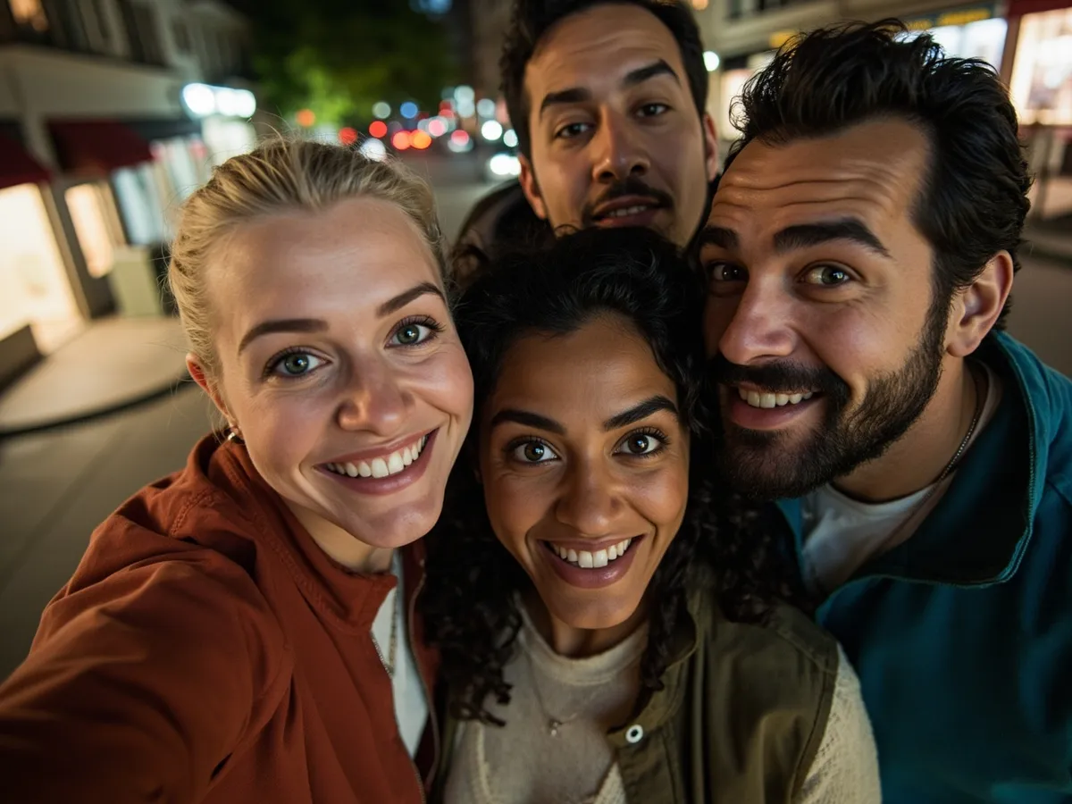 Computer-generated image: four friends laughing together in a group photo on a quest day out