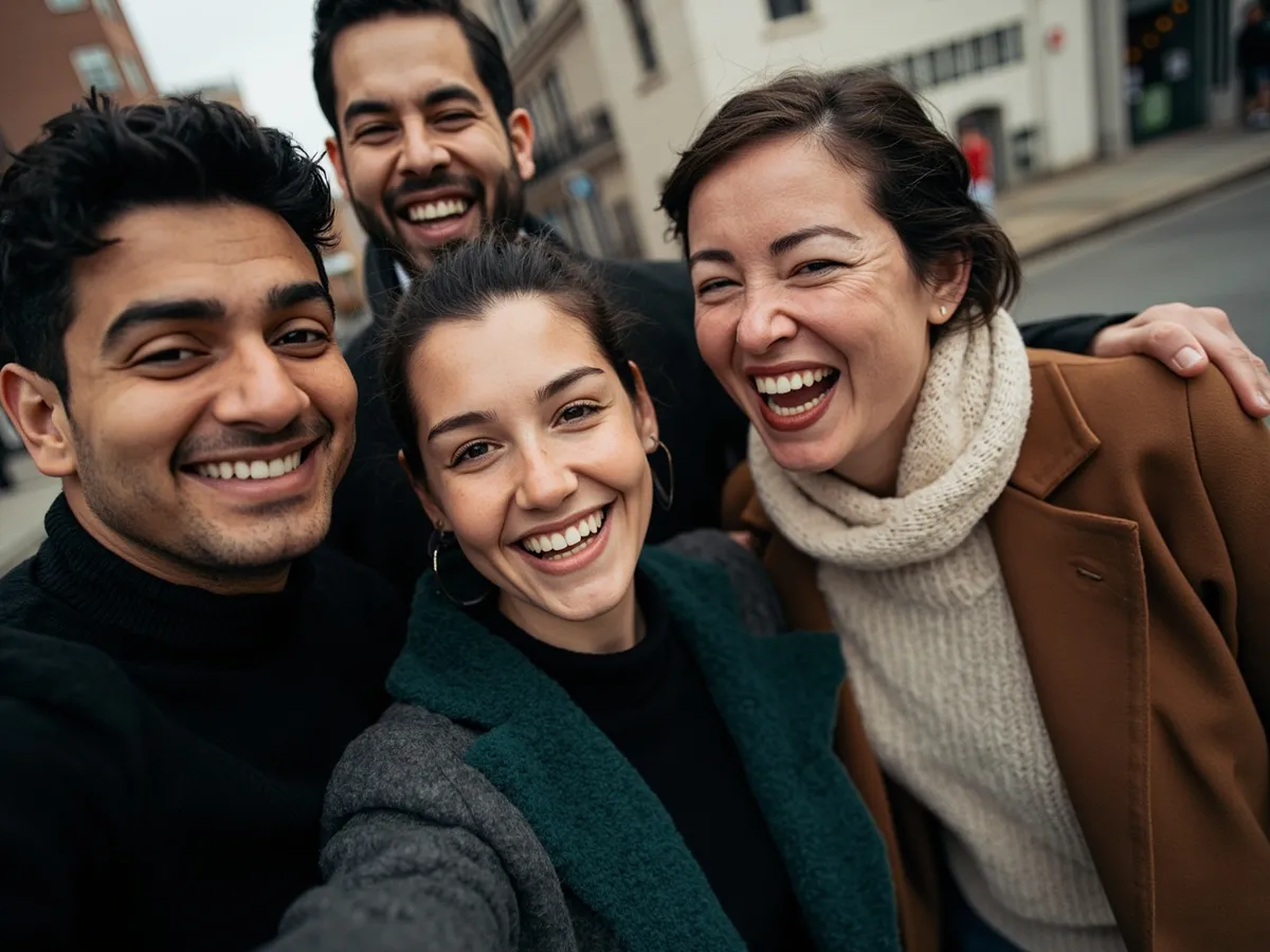 Computer-generated image: four friends laughing together in a group photo on a quest day out