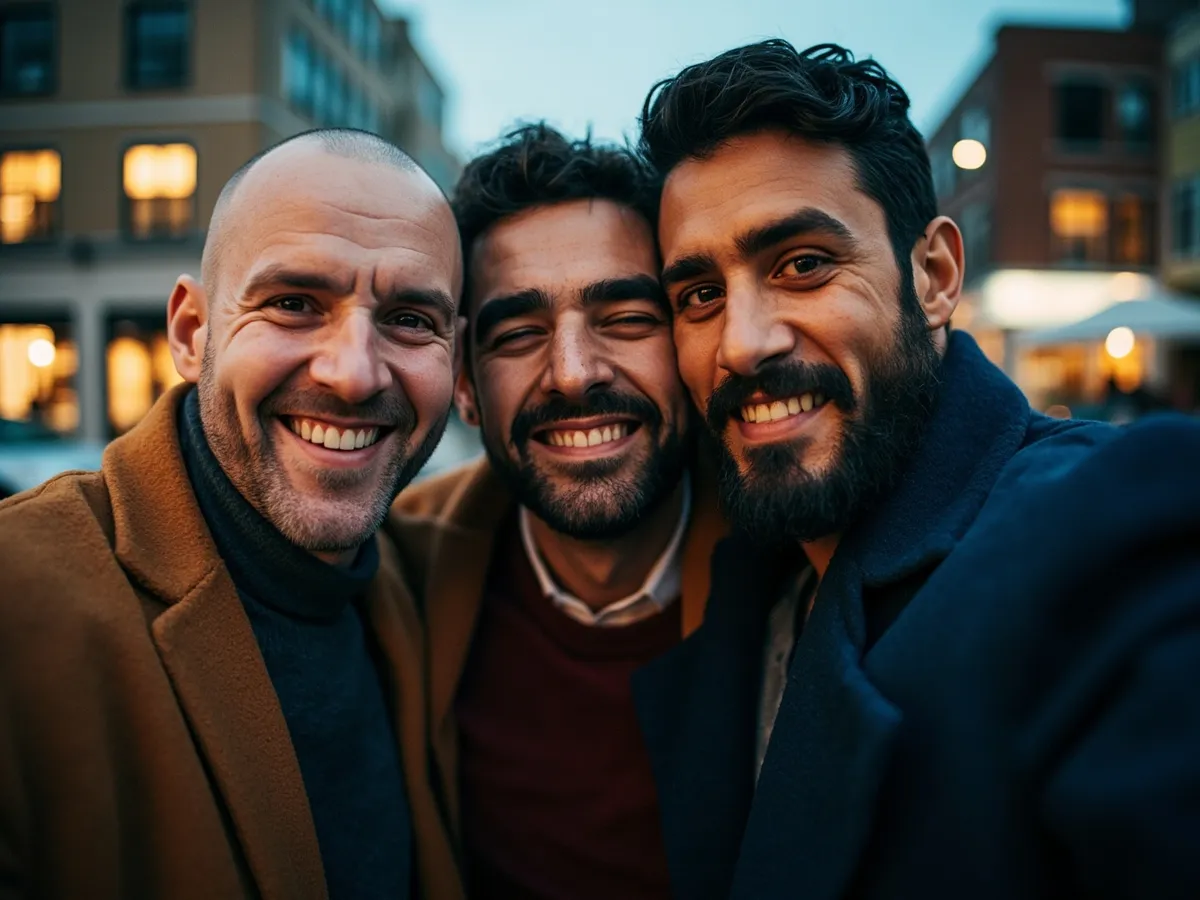 Computer-generated image: three friends laughing together in a group photo on a quest day out