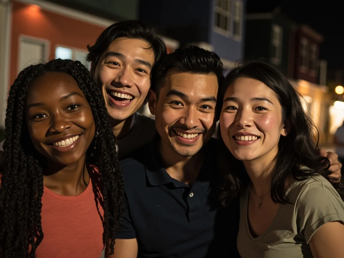 Computer-generated image: four friends laughing together in a group photo on a quest day out