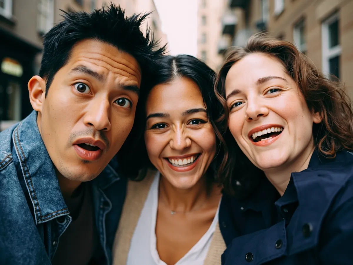 Computer-generated image: three friends laughing together in a group photo on a quest day out