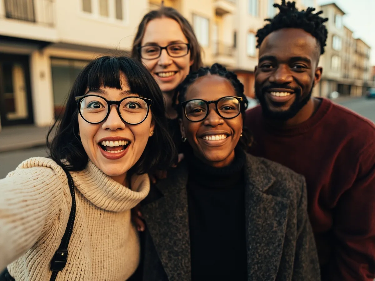 Computer-generated image: four friends laughing together in a group photo on a quest day out