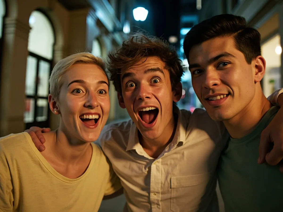 Computer-generated image: three friends laughing together in a group photo on a quest day out