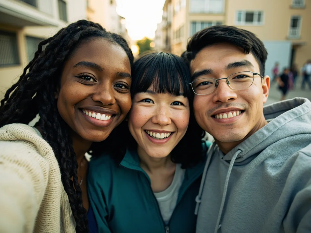 Computer-generated image: three friends laughing together in a group photo on a quest day out