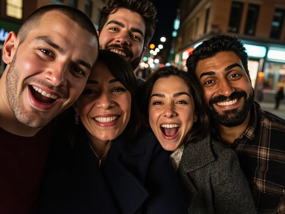 Computer-generated image: four friends laughing together in a group photo on a quest day out