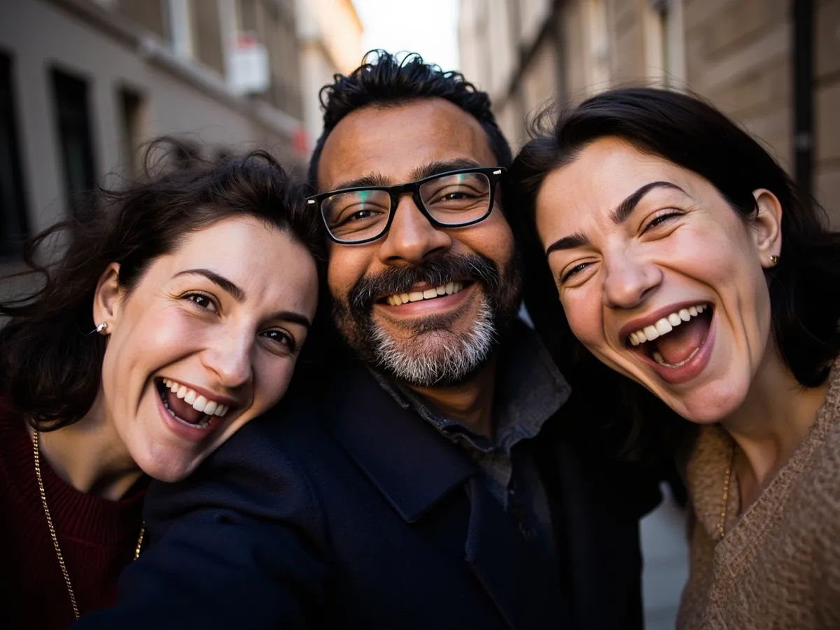 Computer-generated image: three friends laughing together in a group photo on a quest day out