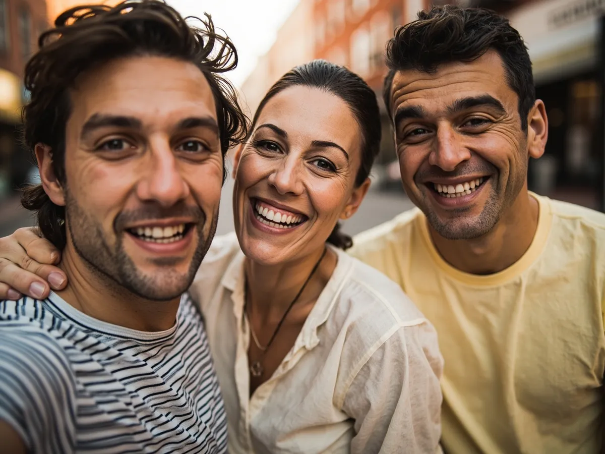 Computer-generated image: three friends laughing together in a group photo on a quest day out