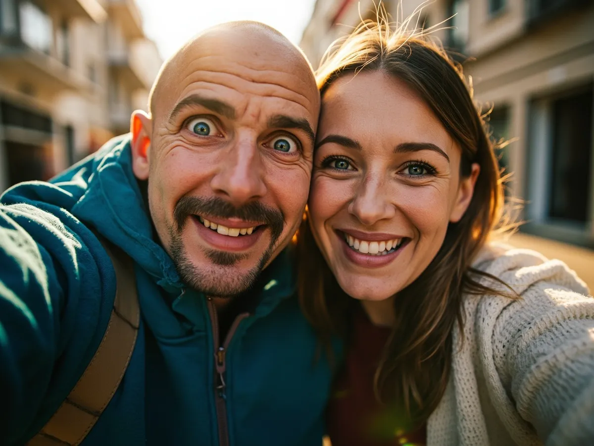 Computer-generated image: two friends laughing together in a group photo on a quest day out