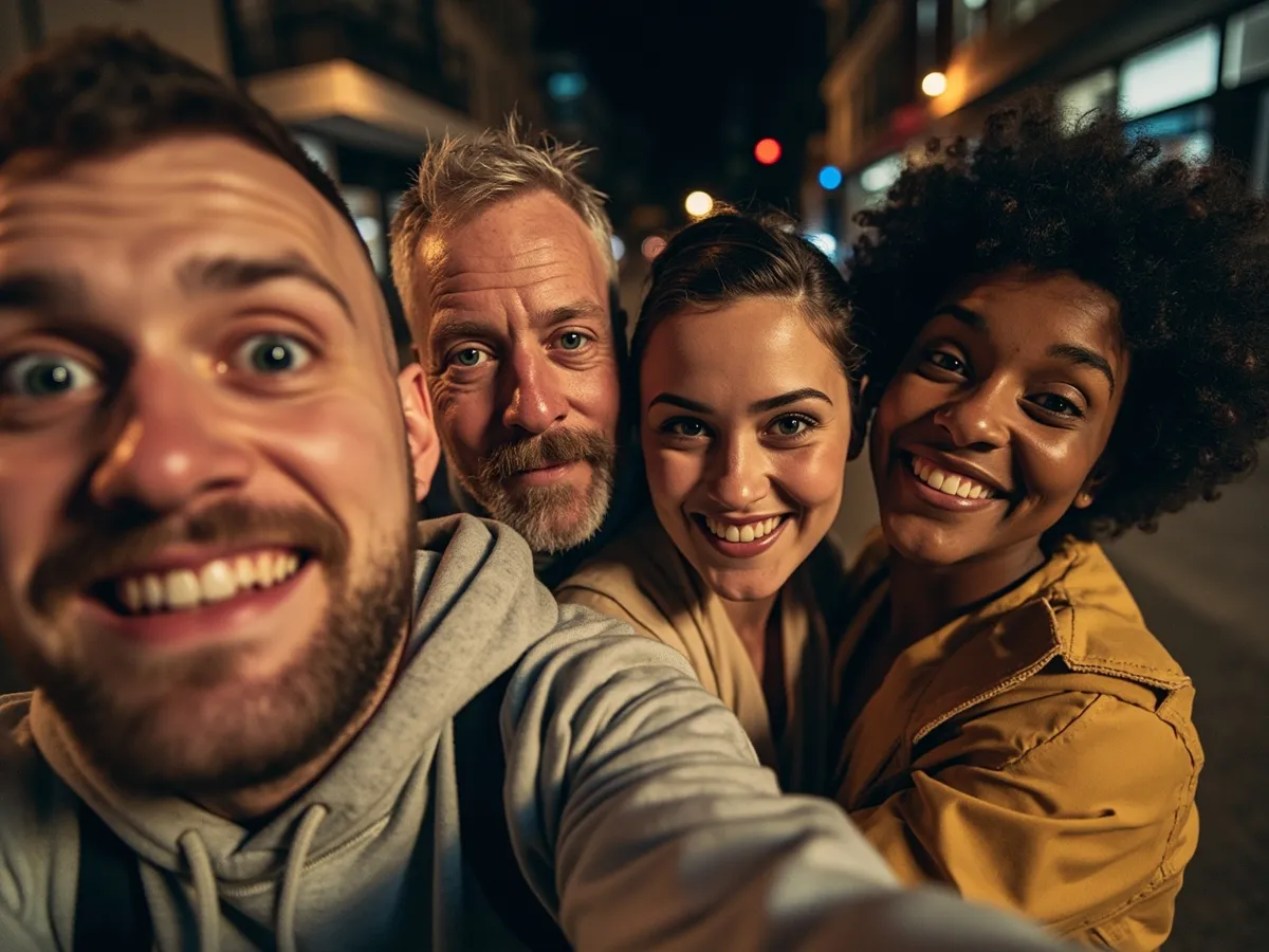 Computer-generated image: four friends laughing together in a group photo on a quest day out