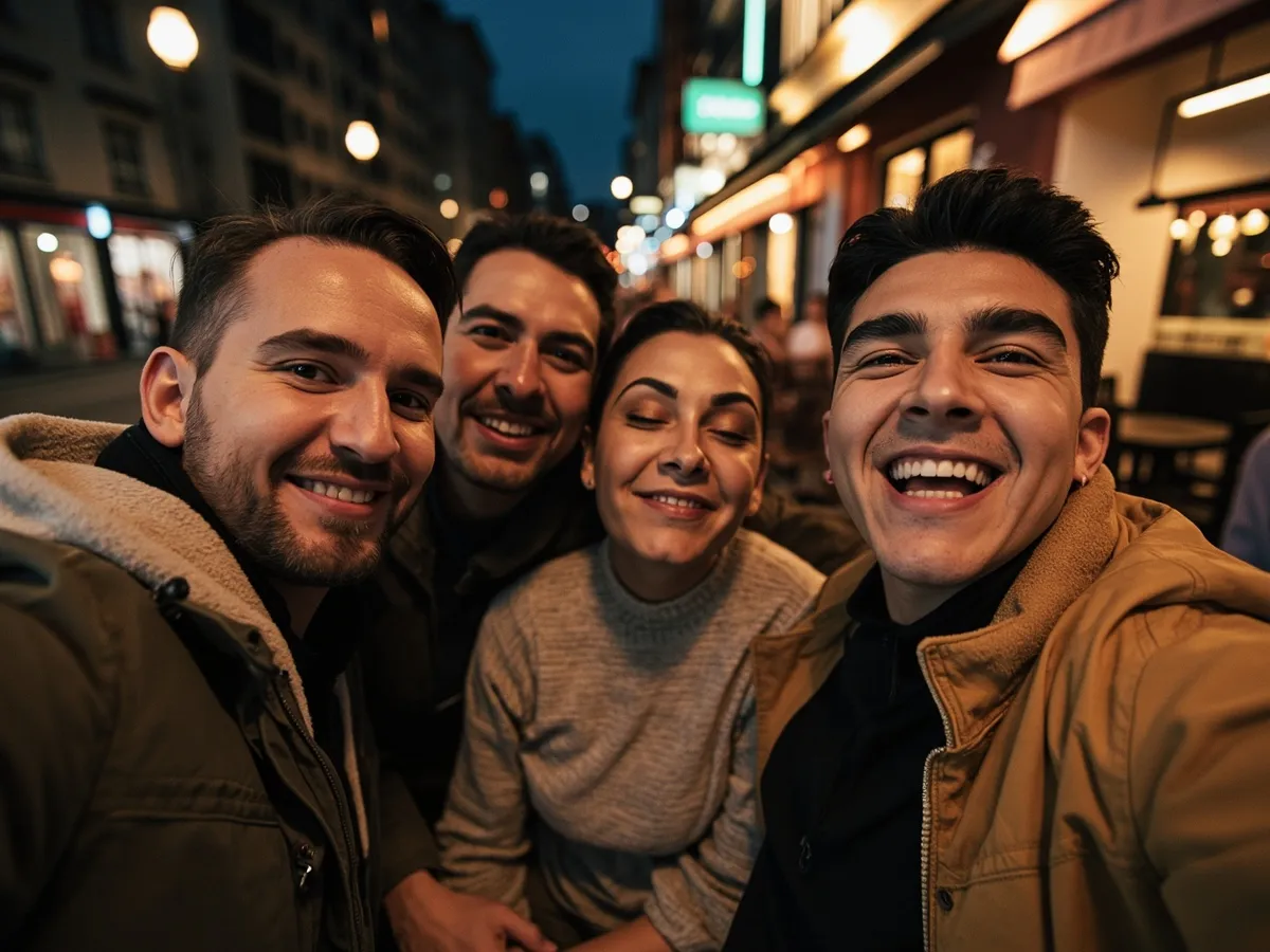 Computer-generated image: four friends laughing together in a group photo on a quest day out