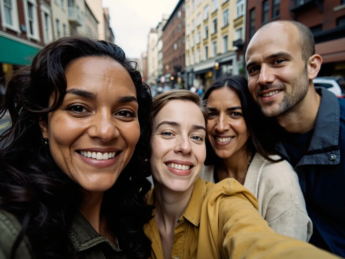 Computer-generated image: four friends laughing together in a group photo on a quest day out