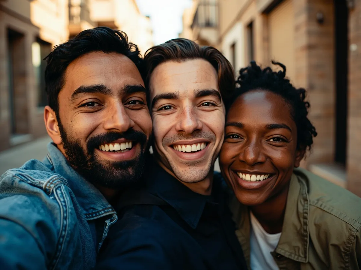 Computer-generated image: three friends laughing together in a group photo on a quest day out